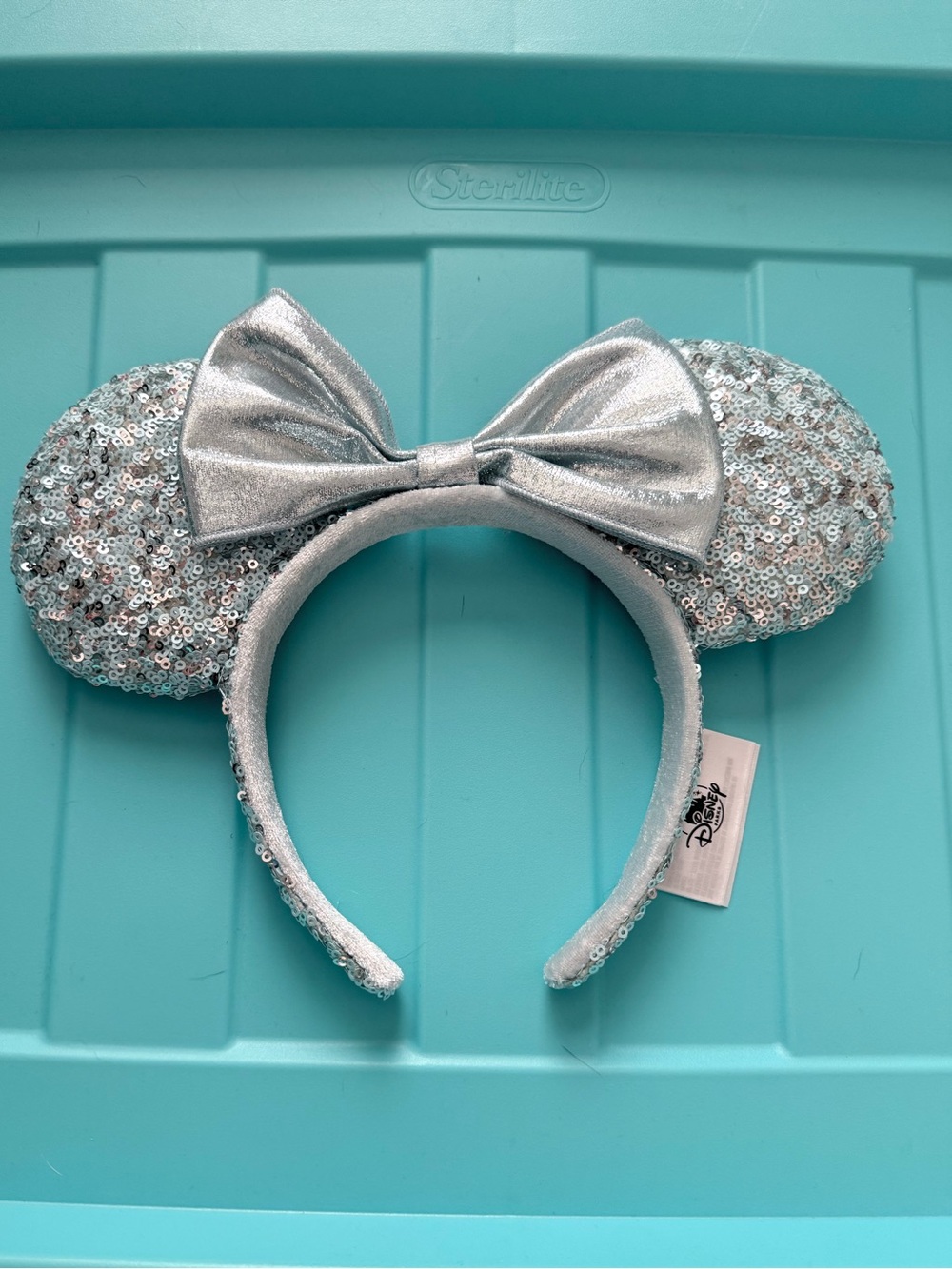 Disney Silver Sequin Minnie Ear Headband with Metallic Silver Bow